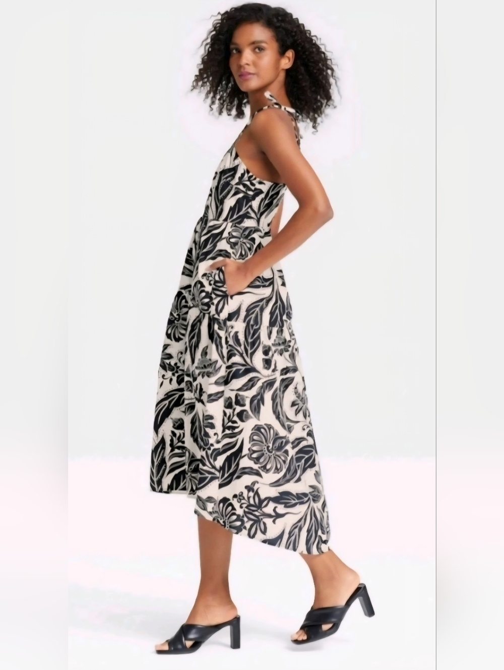 Who What Wear Black Floral Tie-Strap Midi Dress Size Medium - Picture 2 of 9